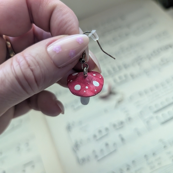 Pink and White Mushroom Earrings - Picture 10 of 13